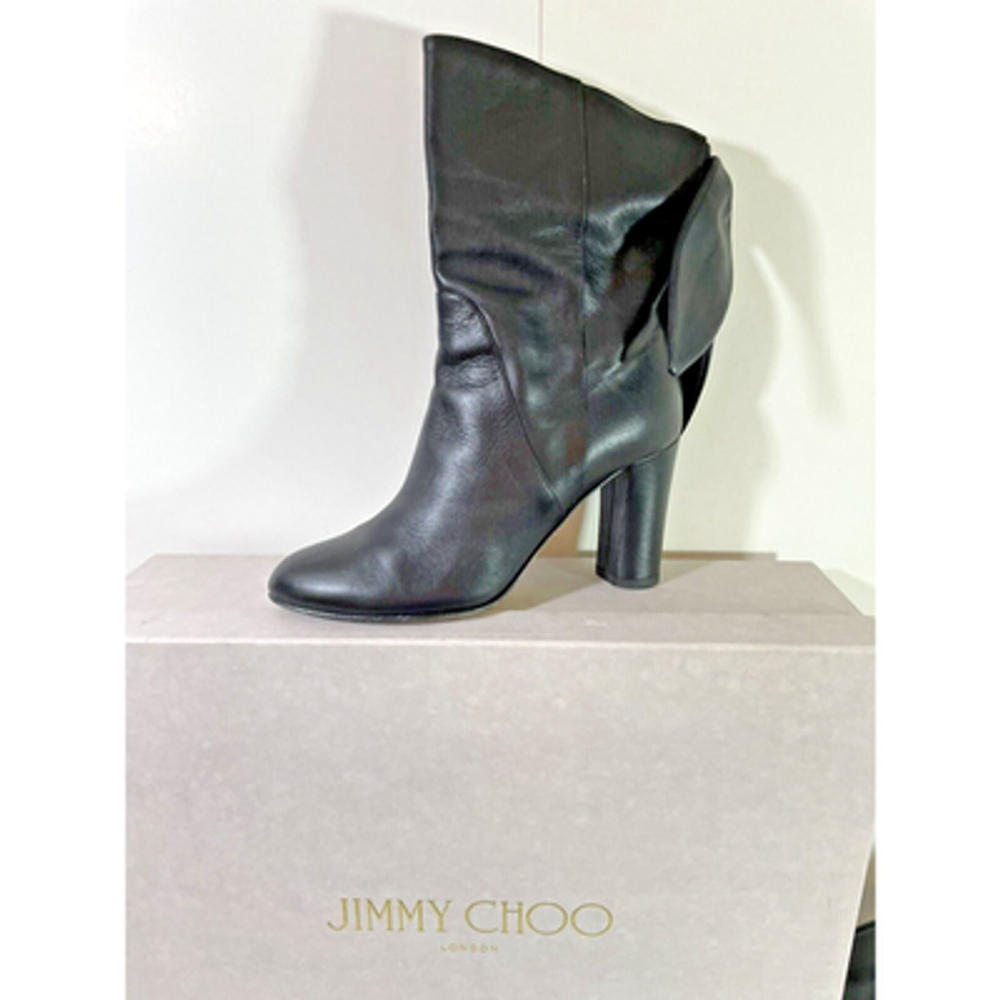 Jimmy Choo Malene 85 Back Knot Black Leather Bootie EU 36.5 US 6
